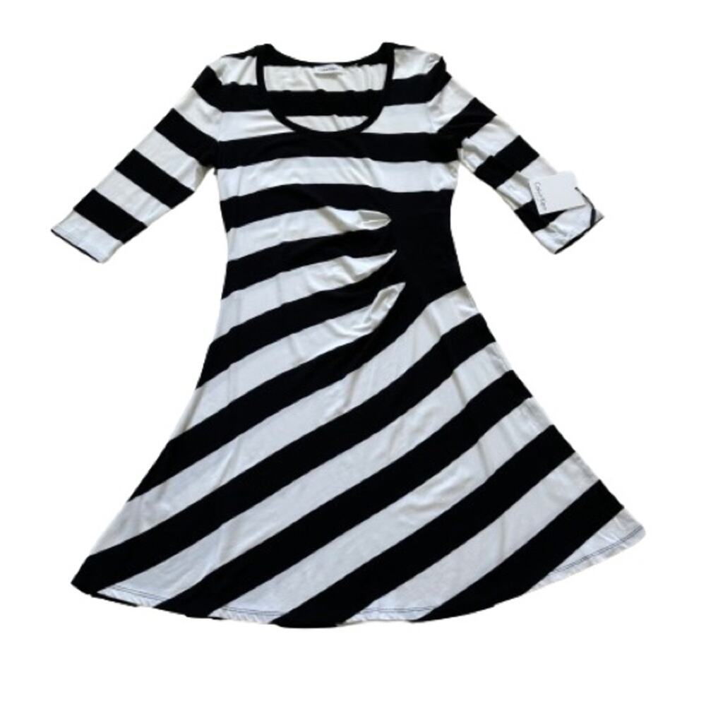 Calvin Klein Dress Black White Stripe 3/4 Sleeve Summer Casual Dress Size 10 NEW - Picture 7 of 13